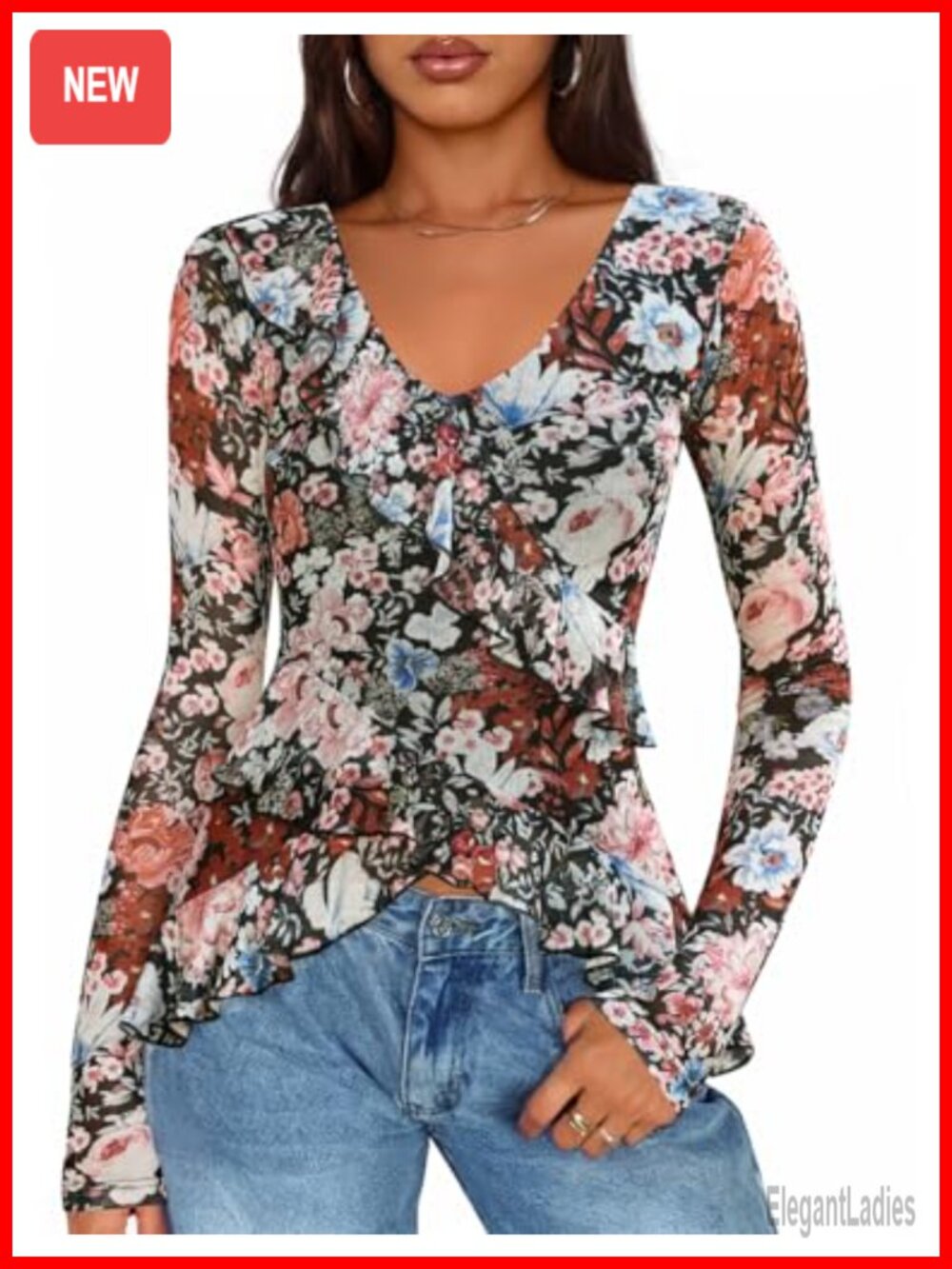 Floral Ruffle Mesh Long Sleeve Blouse V-Neck Asymmetrical Hem